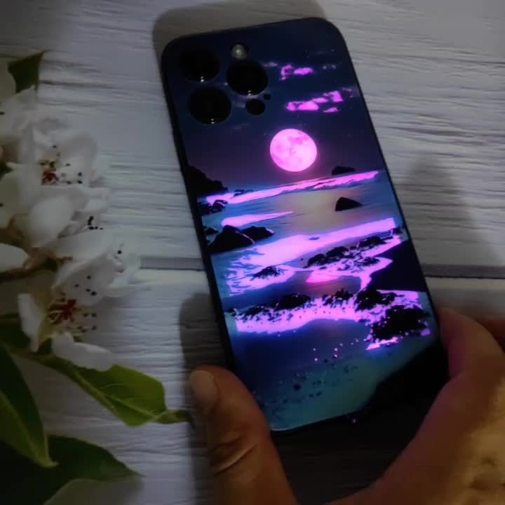 Glowing Meteor Sunset Beach Smart Voice-Controlled Luminous Phone Case Compatible with Samsung S24 Ultra/S23 Ultra/S23 FE/S21 FE/S22 Ultra/S21 Ultra/Iphone 15 14 Plus 13 12 11 Pro Max, Featuring Night Glow Technology And an E